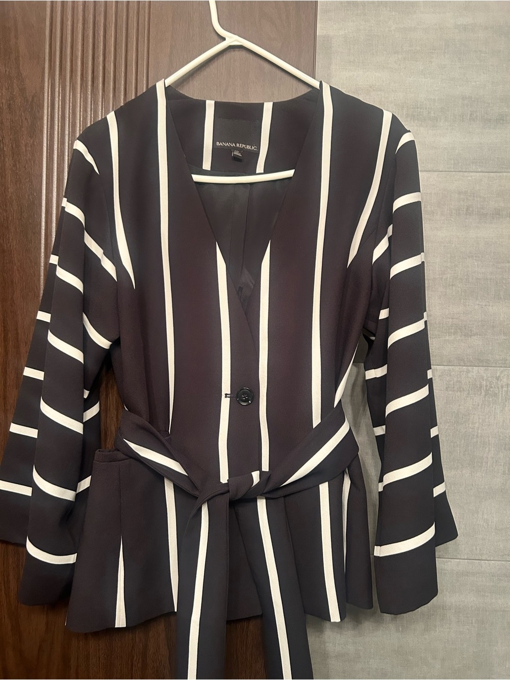 Banana Republic Black and White Vertical Stripe Wrap Blazer